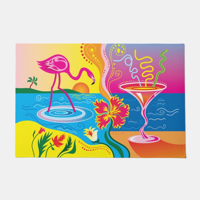 Rosa Flamingo und Sommercocktail Fußmatte (Vorderseite)
