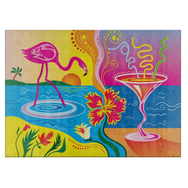 Rosa Flamingo und Sommercocktail Schneidebrett (Vorderseite)