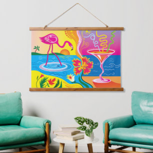 Rosa Flamingo und Sommercocktail Wandteppich Mit Holzrahmen