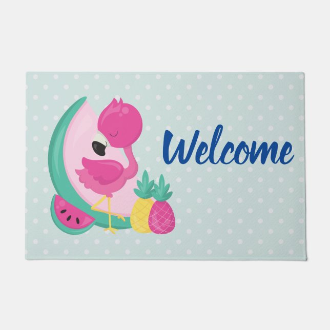 Rosa Flamingo und tropische Früchte Willkommen Fußmatte (Vorderseite)