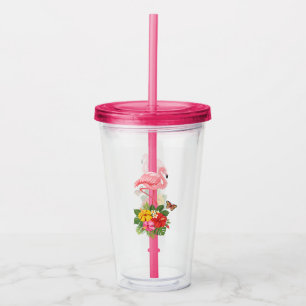 Rosa Flamingo und tropischer Hibiskus Extravagant Acryltrinkbecher