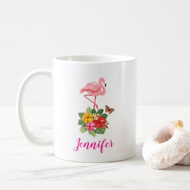 Rosa Flamingo und tropischer Hibiskus Extravagant Kaffeetasse (Mit Donut)
