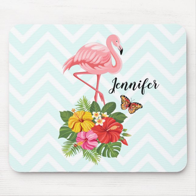 Rosa Flamingo und tropischer Hibiskus Extravagant Mousepad (Vorne)