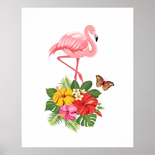 Rosa Flamingo und tropischer Hibiskus Extravagant Poster (Vorne)