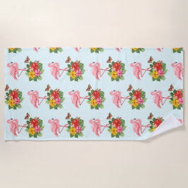 Rosa Flamingo und tropischer Hibiskus Extravagante Strandtuch