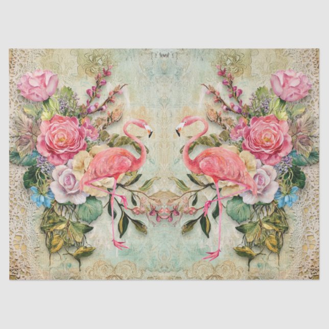 Rosa Flamingo und Vintage Blumendekoupage Seidenpapier (Vorderseite)