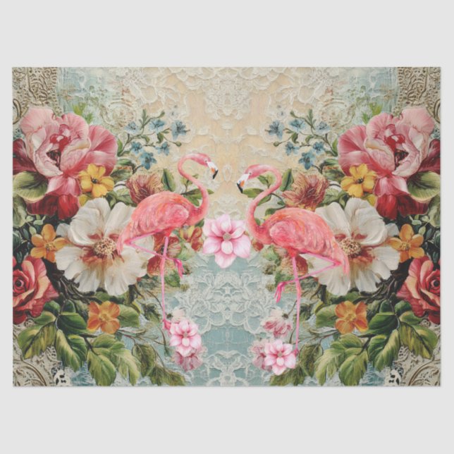 Rosa Flamingo und Vintage Blumendekoupage Seidenpapier (Vorderseite)