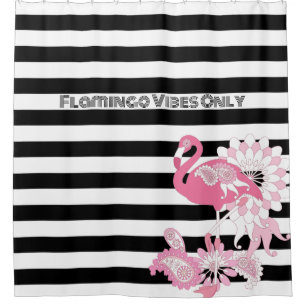 Rosa Flamingo-Vibes Only Schwarz-Weiß-Gestreift Duschvorhang