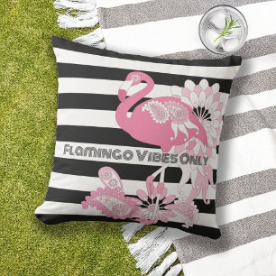 Rosa Flamingo-Vibes Only Schwarz-Weiß-Gestreift Kissen