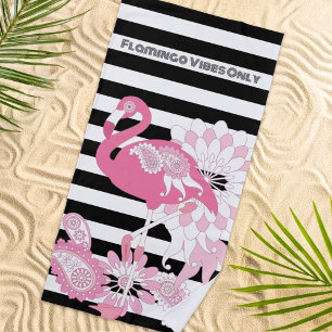Rosa Flamingo-Vibes Only Schwarz-Weiß-Gestreift Strandtuch