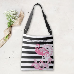 Rosa Flamingo-Vibes Only Schwarz-Weiß-Gestreift Tragetaschen Mit Langen Trägern