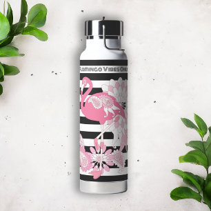 Rosa Flamingo-Vibes Only Schwarz-Weiß-Gestreift Trinkflasche