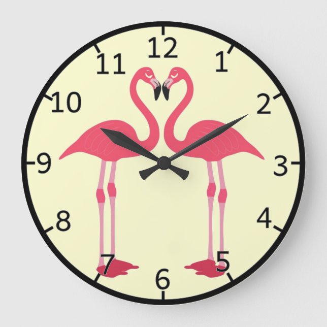 Rosa Flamingo-Vögel-Liebe-Herz Große Wanduhr (Vorderseite)