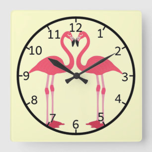 Rosa Flamingo-Vögel-Liebe-Herz Quadratische Wanduhr