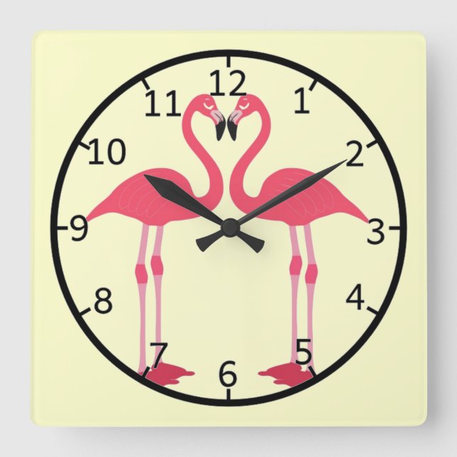 Rosa Flamingo-Vögel-Liebe-Herz Quadratische Wanduhr (Vorderseite)