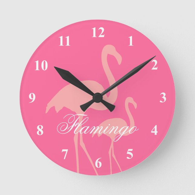 Rosa Flamingo-Vogeluhr mit eigenem Text Runde Wanduhr (Vorderseite)