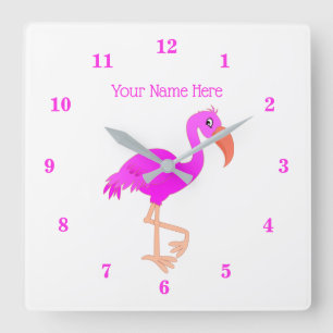 Rosa Flamingo-Wanduhr mit individuellem Textnamen Quadratische Wanduhr