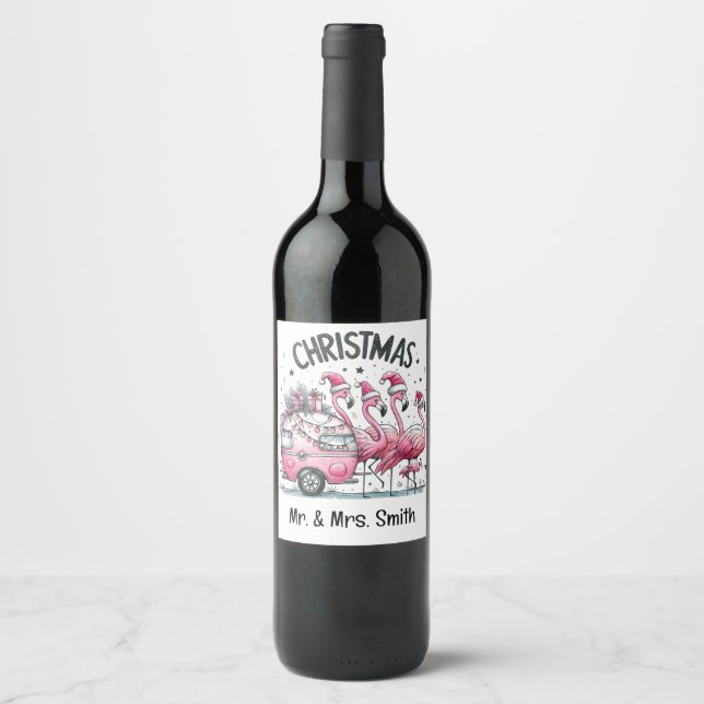 Rosa Flamingo Weihnachten Weinetikett (Vorderseite)