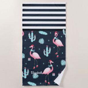 Rosa Flamingo Weihnachtsmannmütze Navy Blau Streif Strandtuch
