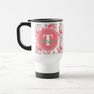 Rosa Flamingomuster-Monogramm-Tasse Reisebecher