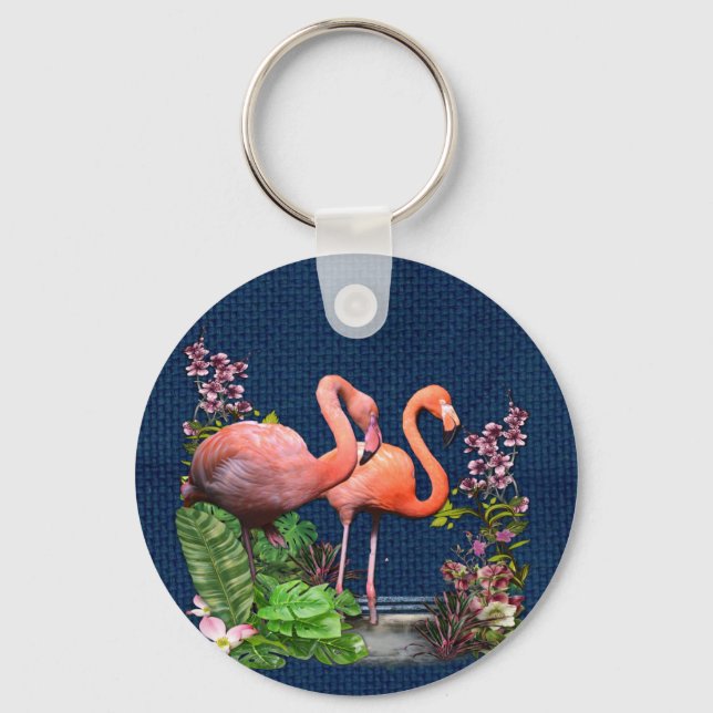 Rosa Flamingos auf klassischem blauen Stoff Schlüsselanhänger (Vorderseite)