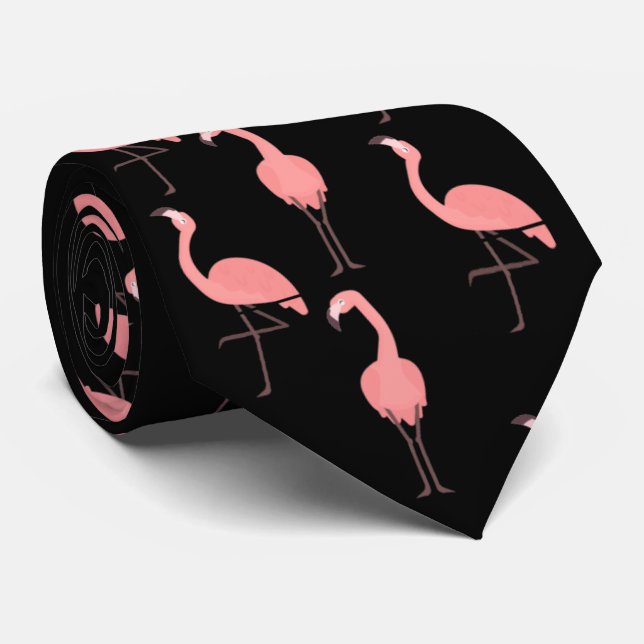 Rosa Flamingos auf schwarzem Neck Krawatte (Gerollt)