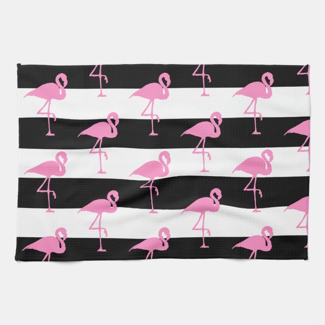 Rosa Flamingos auf schwarzen und weißen Streifen Geschirrtuch (Horizontal)
