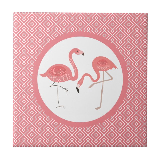 rosa Flamingos auf weißem und rosa geometrischem M Fliese (Vorderseite)