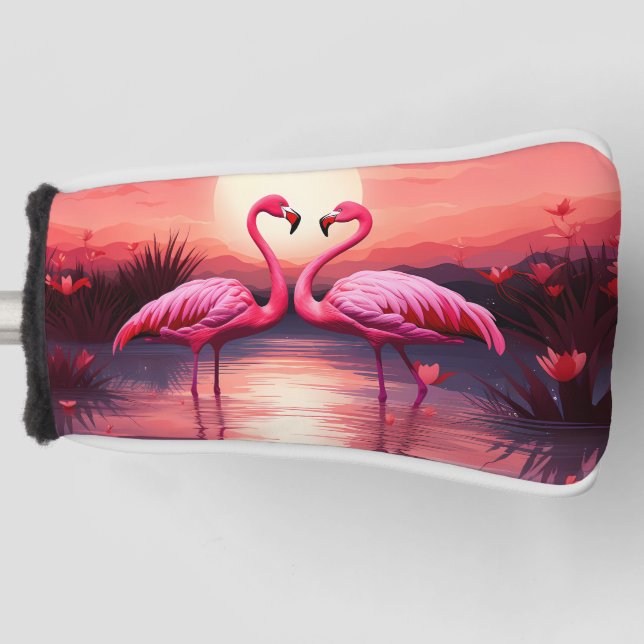 Rosa Flamingos bei Sonnenuntergang Golf Headcover (Vorderseite)
