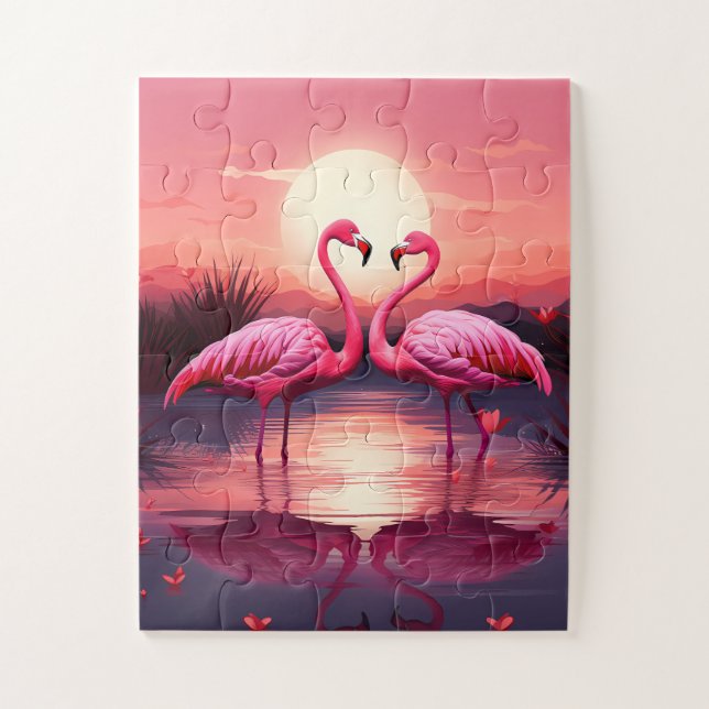Rosa Flamingos bei Sonnenuntergang Puzzle (Vertikal)