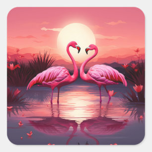 Rosa Flamingos bei Sonnenuntergang Quadratischer Aufkleber