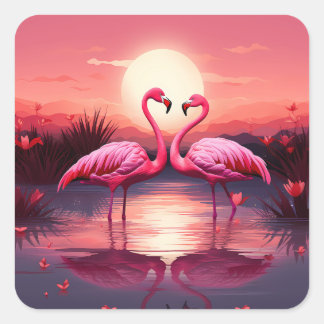 Rosa Flamingos bei Sonnenuntergang Quadratischer Aufkleber