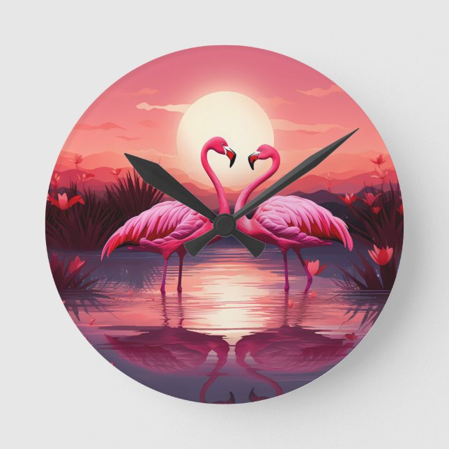 Rosa Flamingos bei Sonnenuntergang Runde Wanduhr (Vorderseite)