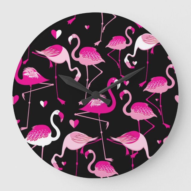 Rosa Flamingos, dunkles, nahtloses Muster. Große Wanduhr (Vorderseite)