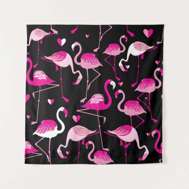 Rosa Flamingos, dunkles, nahtloses Muster. Wandteppich (Vorderseite)