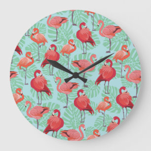 Rosa Flamingos: Exotisches Nahtloses Muster. Große Wanduhr