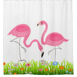 Rosa Flamingos & Frühlingsgras & Blume Duschvorhang