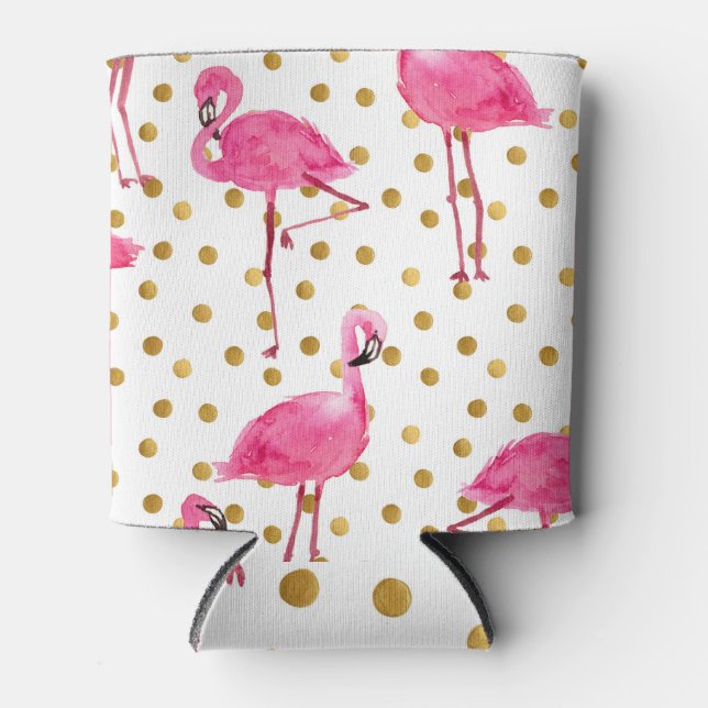 Rosa Flamingos, goldene Punkte, Aquarell. Dosenkühler (Vorderseite)