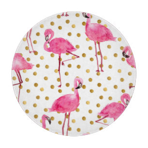 Rosa Flamingos, goldene Punkte, Aquarell. Schneidebrett