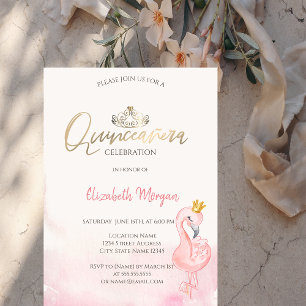 Rosa Flamingos Goldene Tiara Quinceañera Einladung