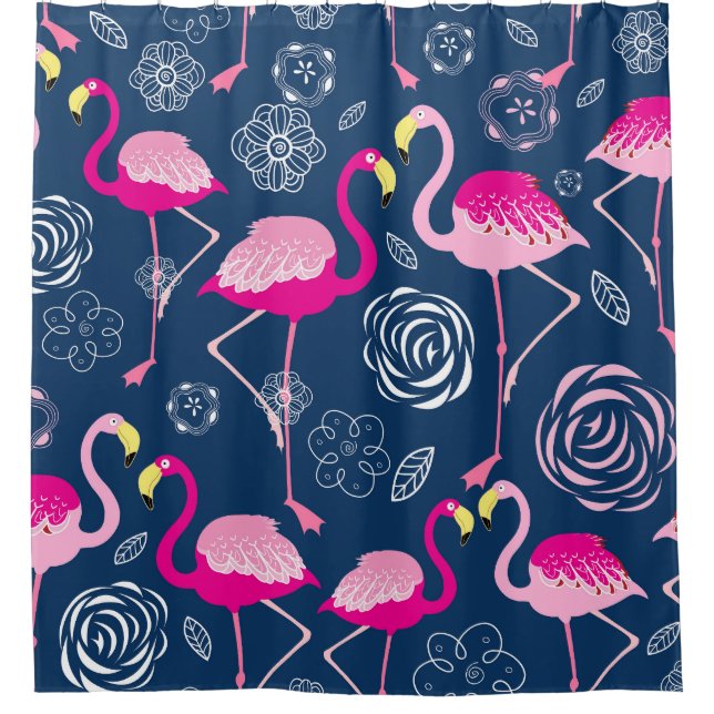Rosa Flamingos: Grafisches dunkles Muster Duschvorhang (Vorderseite)