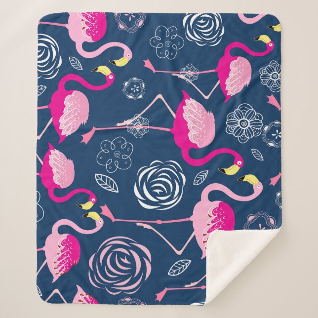 Rosa Flamingos: Grafisches dunkles Muster Sherpadecke (Vorderseite)