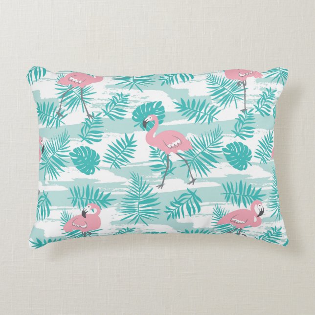 Rosa Flamingos, grüne Blätter aus Palmen, tropisch Dekokissen (Vorderseite)