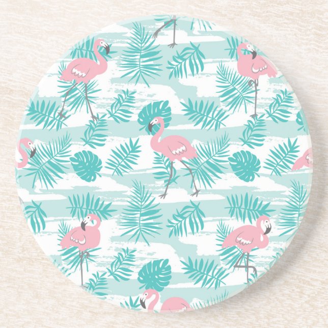 Rosa Flamingos, grüne Blätter aus Palmen, tropisch Getränkeuntersetzer (Vorne)