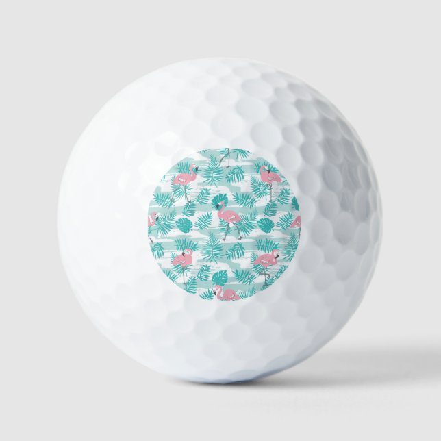 Rosa Flamingos, grüne Blätter aus Palmen, tropisch Golfball (Vorderseite)