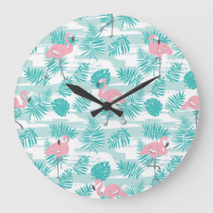 Rosa Flamingos, grüne Blätter aus Palmen, tropisch Große Wanduhr