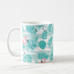 Rosa Flamingos, grüne Blätter aus Palmen, tropisch Kaffeetasse