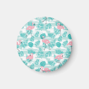 Rosa Flamingos, grüne Blätter aus Palmen, tropisch Magnet