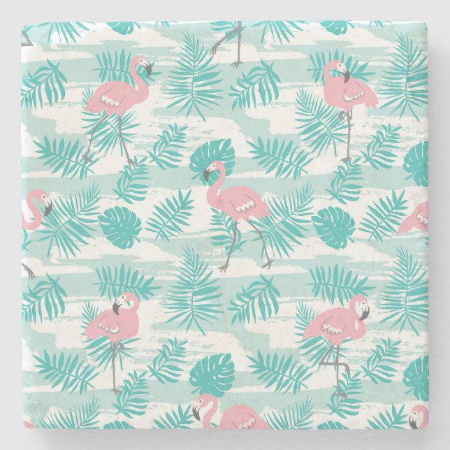 Rosa Flamingos, grüne Blätter aus Palmen, tropisch Steinuntersetzer (Vorderseite)