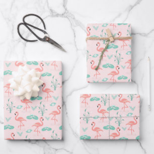 Rosa Flamingos Grüne Palmwedel Tropisch  Geschenkpapier Set